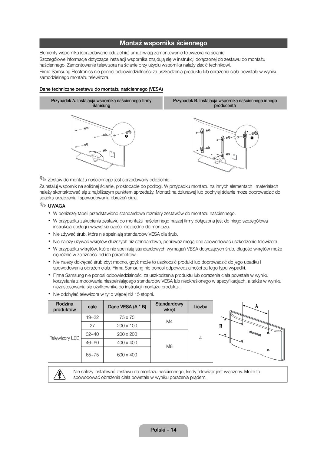 Samsung UE22D5010NWXXC, UE27D5010NWXZG, UE22D5010NWXZG, UE22D5000NWXXC, UE22D5000NWXXH manual Montaż wspornika ściennego 