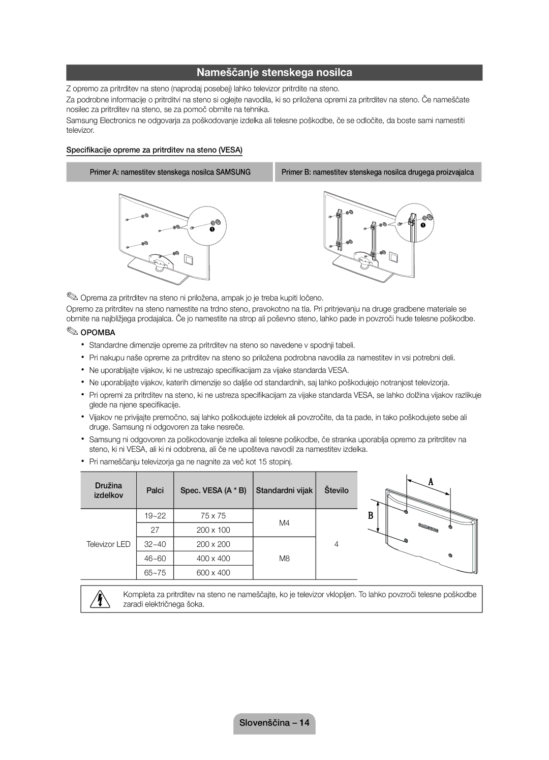 Samsung UE22D5010NWXZG manual Nameščanje stenskega nosilca, 19~22 75 x 200 x Televizor LED 32~40 46~60 400 x 65~75 600 x 