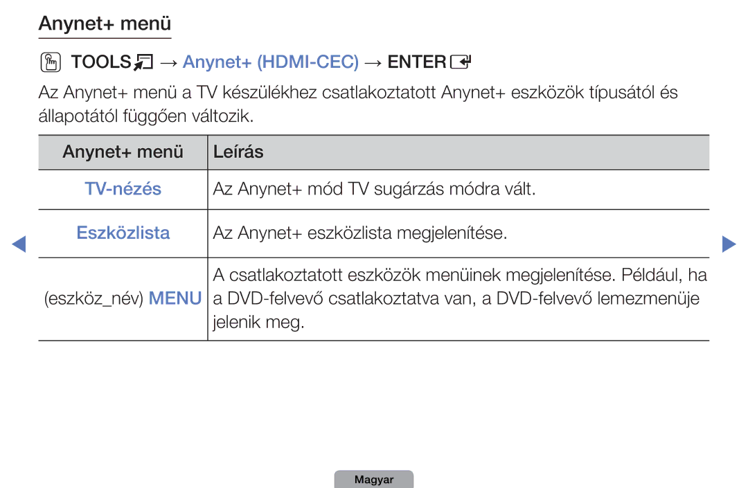 Samsung UE32D4005NWXXE manual Ootoolst → Anynet+ HDMI-CEC → Entere, Az Anynet+ mód TV sugárzás módra vált, Eszközlista 