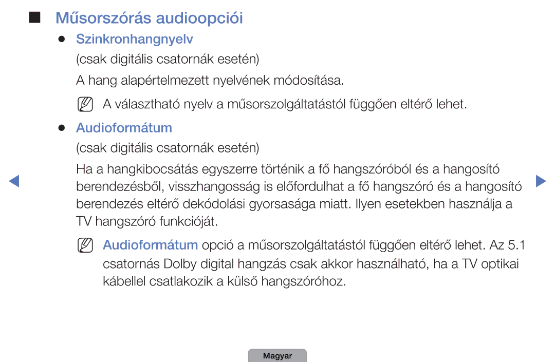 Samsung UE32D5000PWXBT, UE27D5010NWXZG, UE32D5000PWXZG manual Műsorszórás audioopciói, Szinkronhangnyelv, Audioformátum 