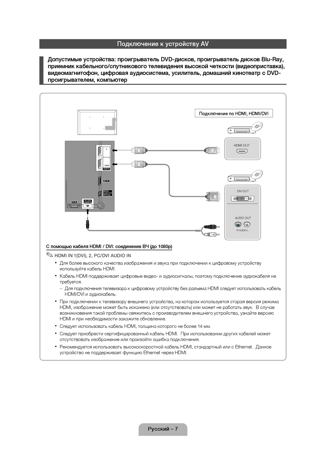 Samsung UE27D5000NWXRU, UE27D5020NWXRU, UE22D5020NWXRU manual Подключение к устройству AV, Подключение по HDMI, HDMI/DVI 