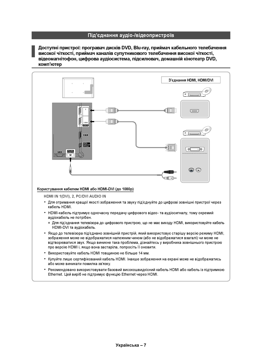 Samsung UE27D5010NWXRU, UE27D5020NWXRU, UE22D5020NWXRU manual Під’єднання аудіо-/відеопристроїв, ’єднання HDMI, HDMI/DVI 