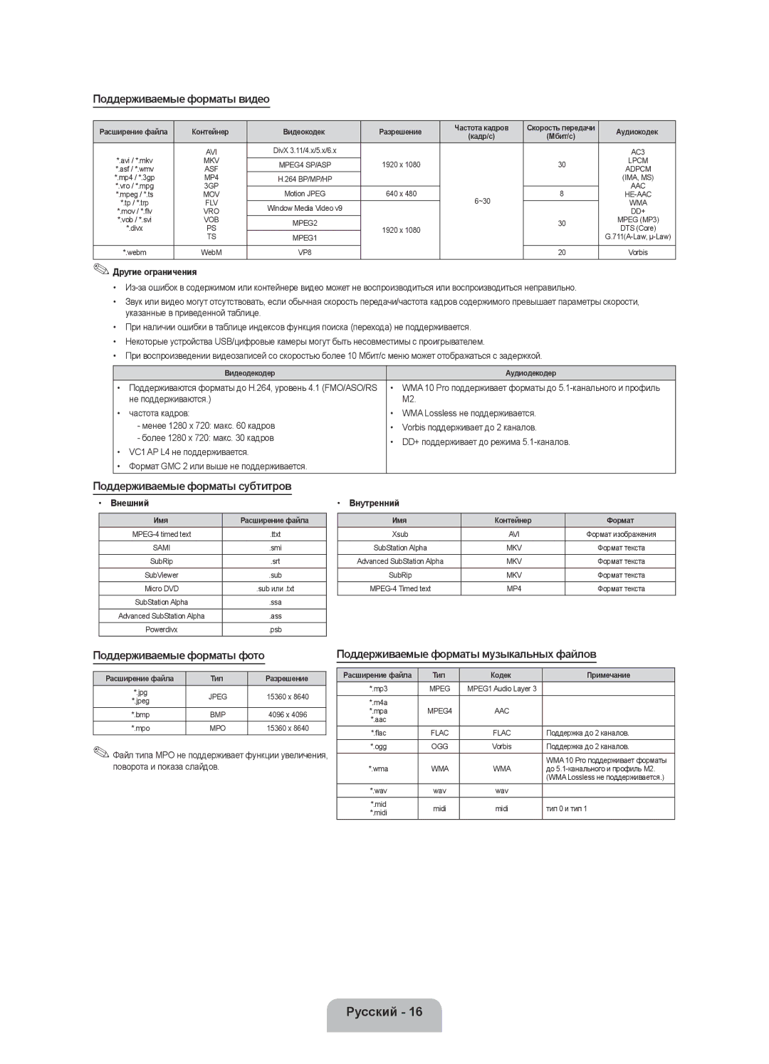 Samsung UE28F4020AWXRU manual Поддерживаемые форматы видео, Поддерживаемые форматы субтитров, Поддерживаемые форматы фото 