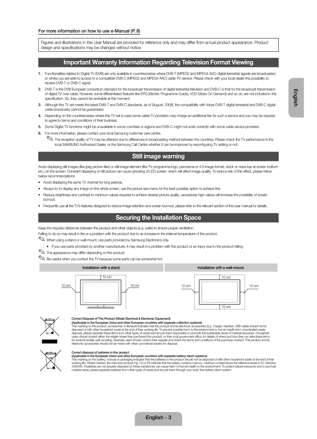 Samsung UE28F4000AWXRU Still image warning, Securing the Installation Space, For more information on how to use e-Manual P 