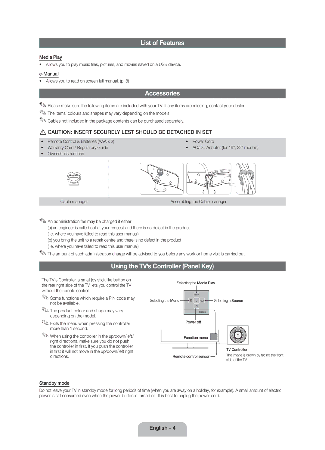 Samsung UE28F4020AWXRU, UE28F4000AWXUZ, UE22F5000AKXRU List of Features, Accessories, Using the TV’s Controller Panel Key 