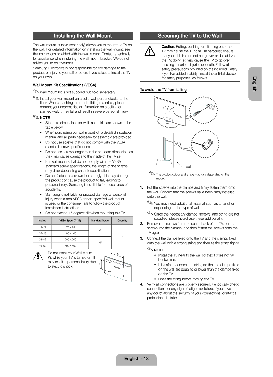 Samsung UE22F5000AKXRU manual Installing the Wall Mount, Wall Mount Kit Specifications Vesa, To avoid the TV from falling 