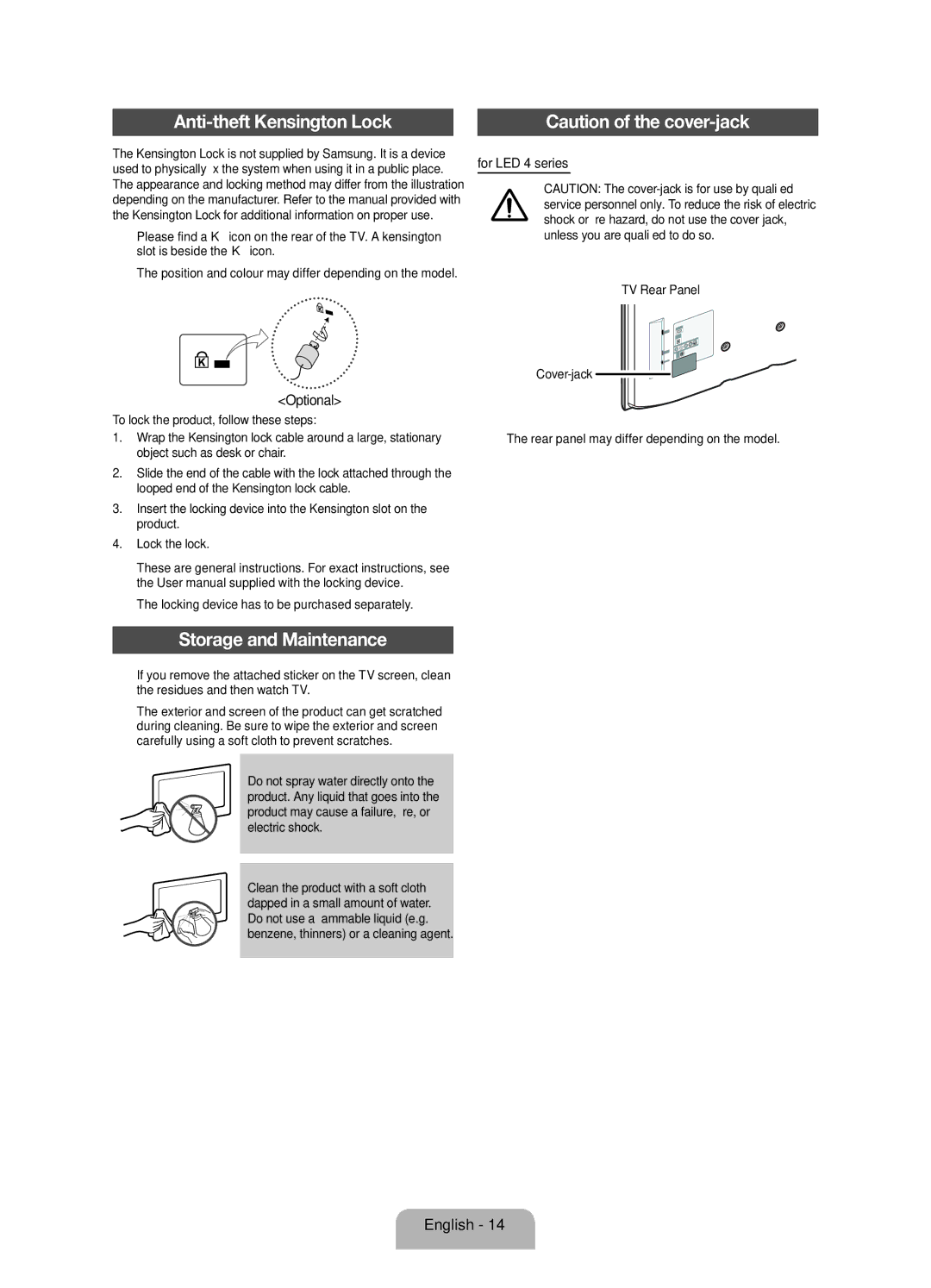 Samsung UE19F4000AWXRU, UE28F4000AWXUZ Anti-theft Kensington Lock, Storage and Maintenance, Optional, For LED 4 series 