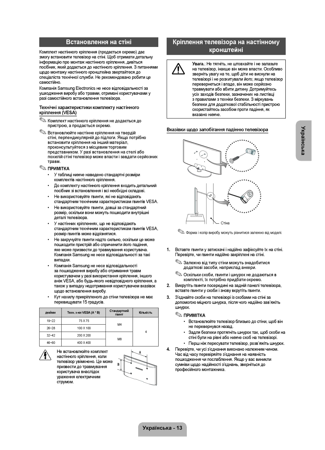 Samsung UE22F5000AKXRU, UE28F4000AWXUZ, UE19F4000AWXRU Встановлення на стіні, Кріплення телевізора на настінному Кронштейні 