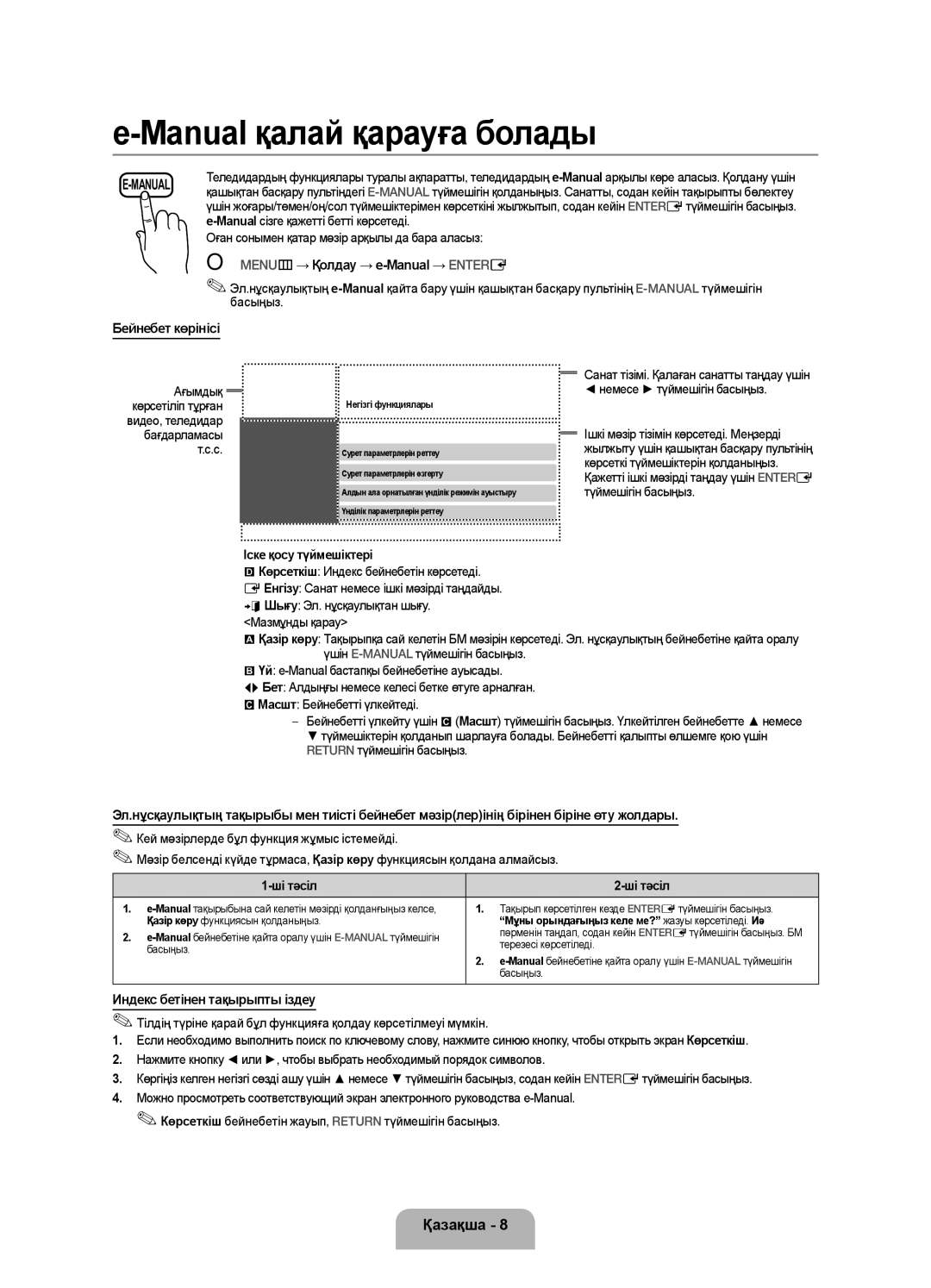 Samsung UE19F4000AWXRU OO MENUm → Қолдау → e-Manual → Entere, Бейнебет көрінісі, Индекс бетінен тақырыпты іздеу, Ші тәсіл 