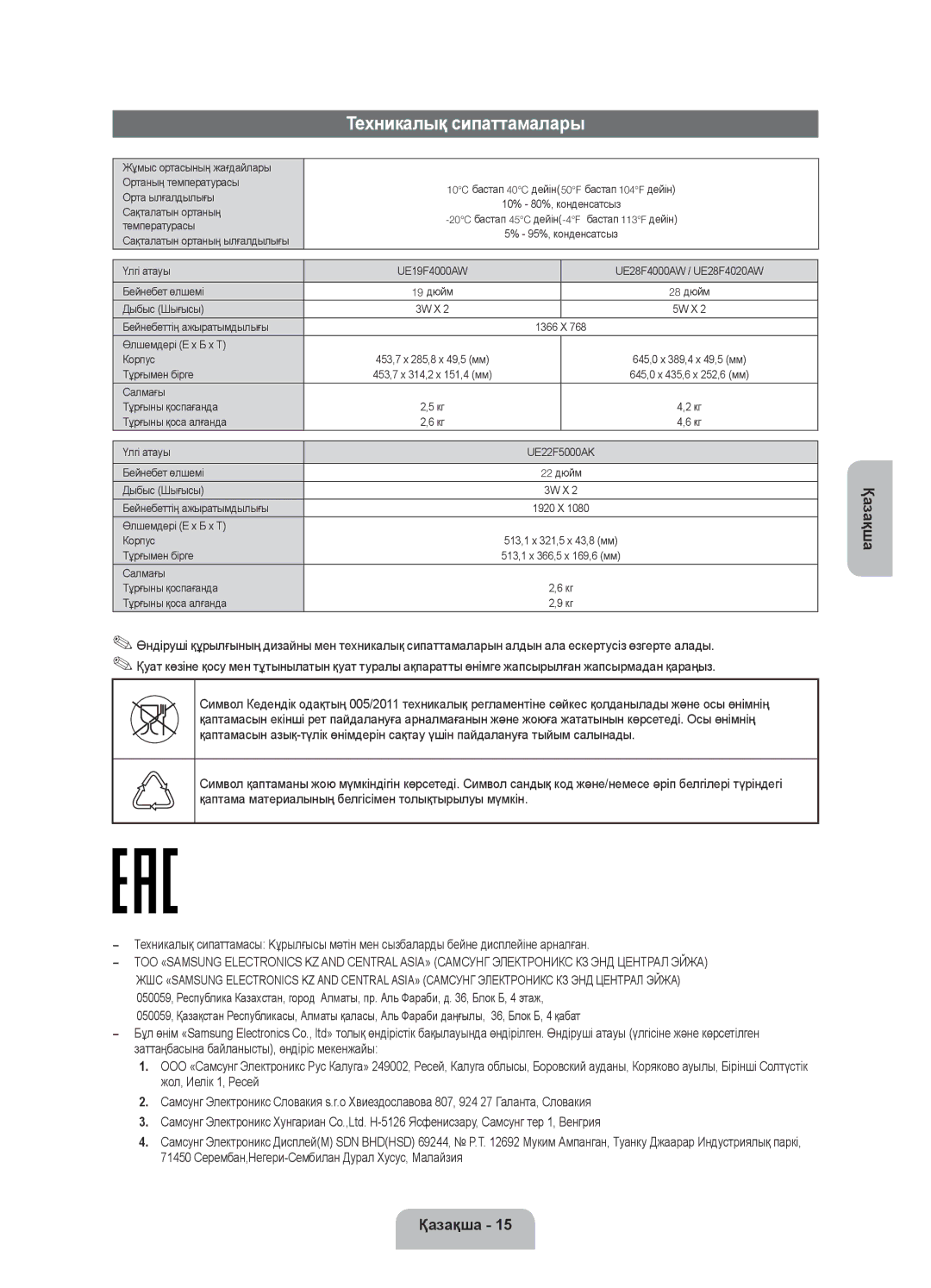 Samsung UE28F4000AWXRU, UE28F4000AWXUZ, UE22F5000AKXRU, UE19F4000AWXRU, UE28F4020AWXRU manual Техникалық сипаттамалары 