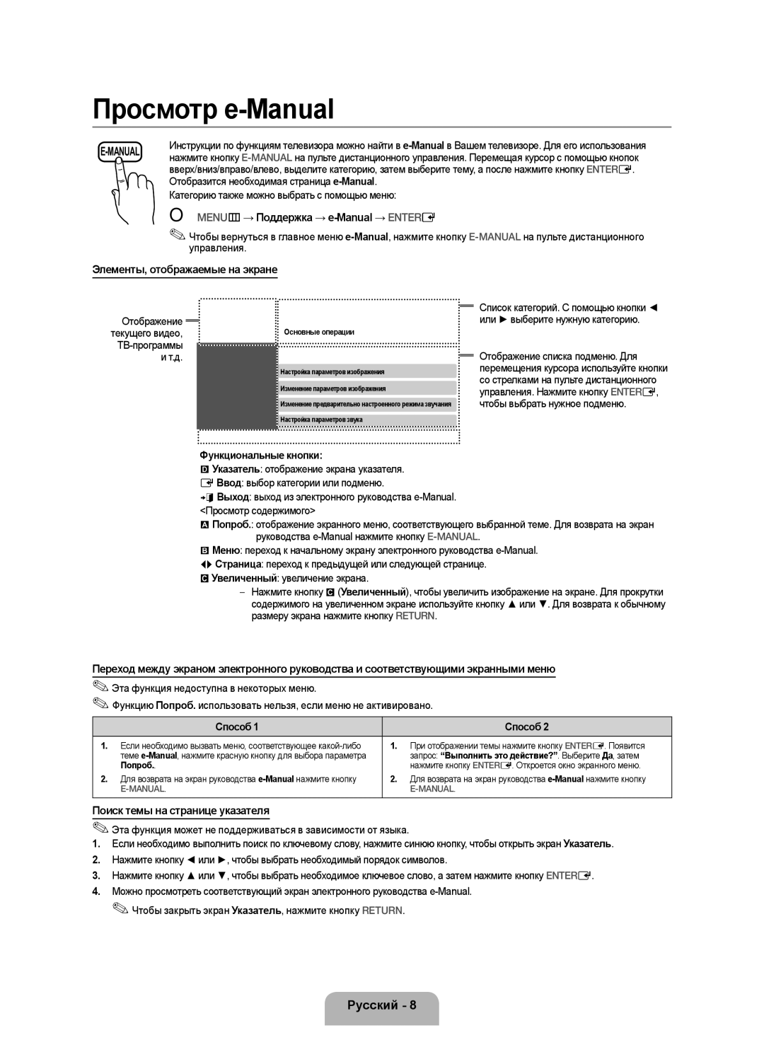 Samsung UE19F4000AWXRU, UE28F4000AWXUZ manual OO MENUm → Поддержка → e-Manual → Entere, Элементы, отображаемые на экране 