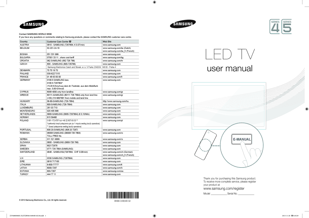 Samsung UE19F4000AWXXH manual Samsung 7267864, € 0.07/min, 02-201-24-18, 051 331, 07001 33 11 , share cost tariff, 261 03 