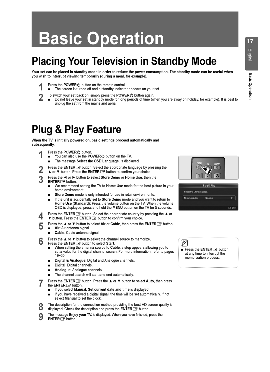 Samsung UE32B6000VWXXH manual Placing Your Television in Standby Mode, Plug & Play Feature, English Basic Operation 