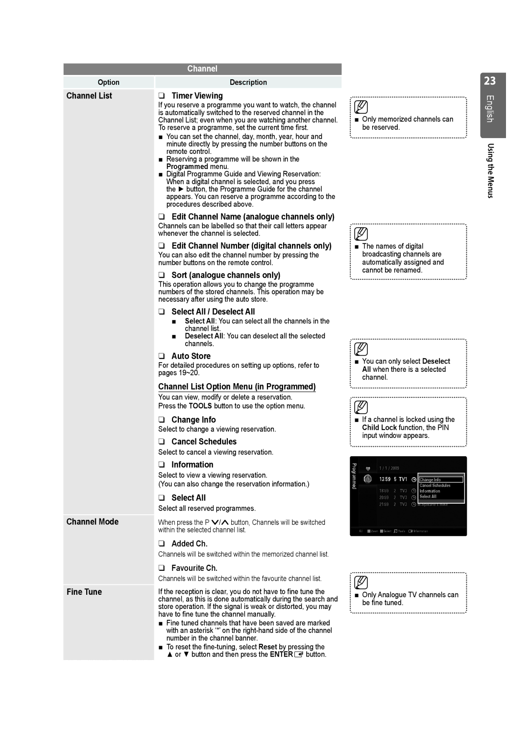 Samsung UE32B6000VWXXH Channel List Timer Viewing, Sort analogue channels only, Select All / Deselect All, Change Info 