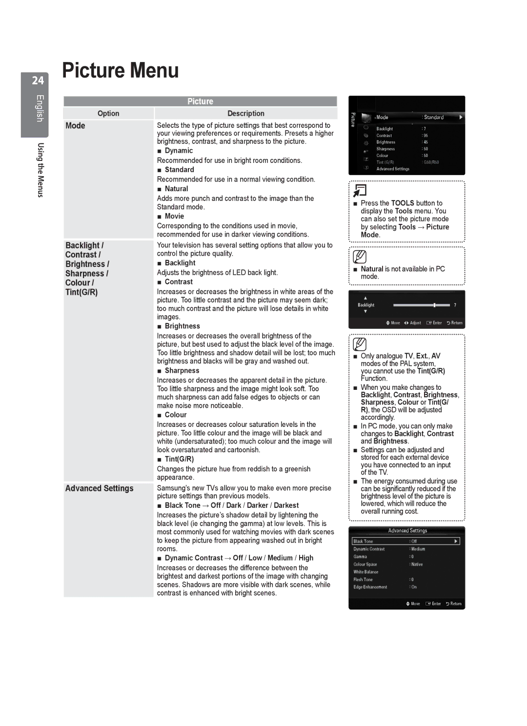 Samsung UE32B6000VWXZG, UE32B6000VWXXC, UE32B6000VWXXH manual Picture Menu 