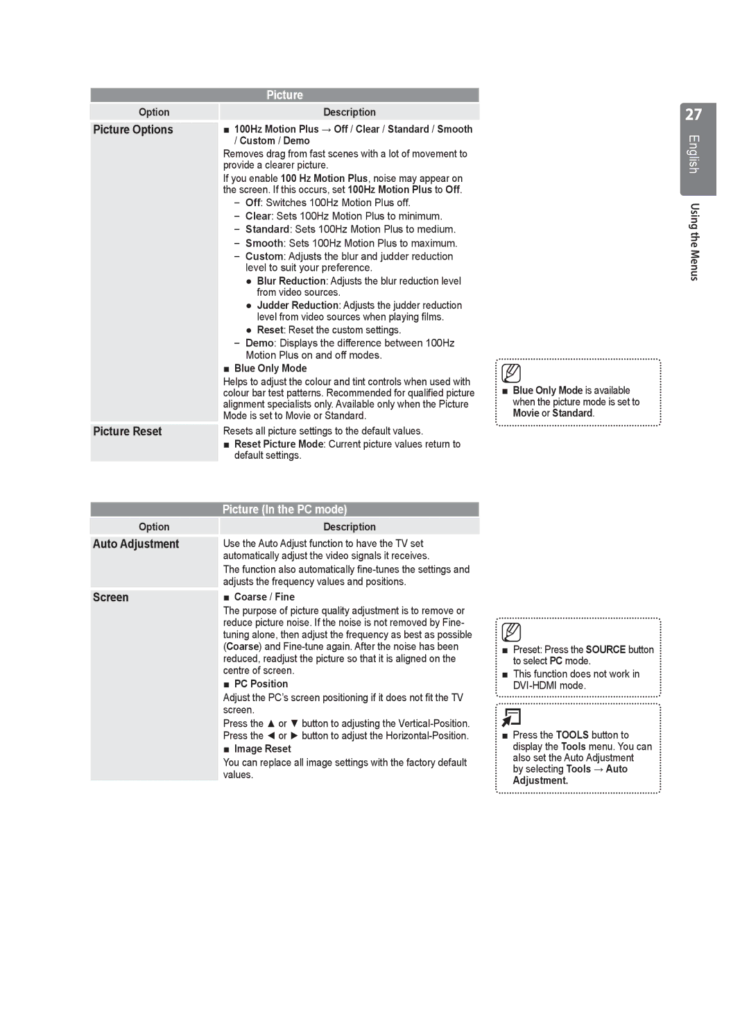 Samsung UE32B6000VWXZG, UE32B6000VWXXC, UE32B6000VWXXH manual Picture Reset, Auto Adjustment, Screen 