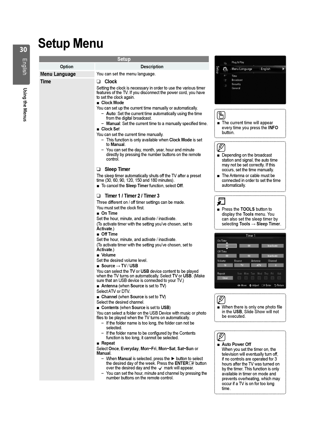 Samsung UE32B6000VWXZG, UE32B6000VWXXC manual Setup Menu, Menu Language, Time Clock, Sleep Timer, Timer 1 / Timer 2 / Timer 