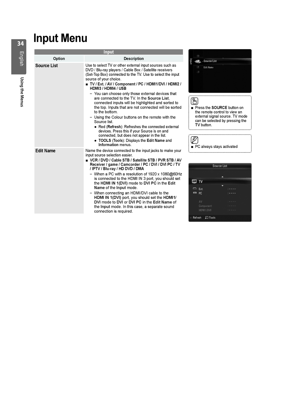 Samsung UE32B6000VWXXC, UE32B6000VWXZG, UE32B6000VWXXH manual Input Menu, Source List, Edit Name 