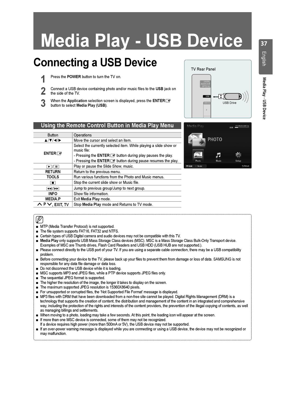 Samsung UE32B6000VWXXC, UE32B6000VWXZG Connecting a USB Device, English Media Play USB Device, ∂/∑, Exit Media Play mode 