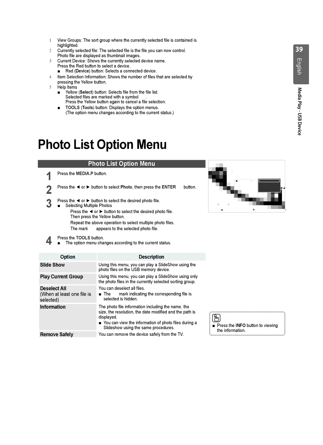 Samsung UE32B6000VWXZG, UE32B6000VWXXC, UE32B6000VWXXH manual Photo List Option Menu 