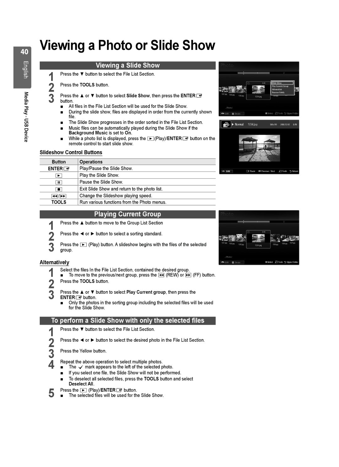 Samsung UE32B6000VWXXC, UE32B6000VWXZG manual Viewing a Photo or Slide Show, Viewing a Slide Show, Playing Current Group 