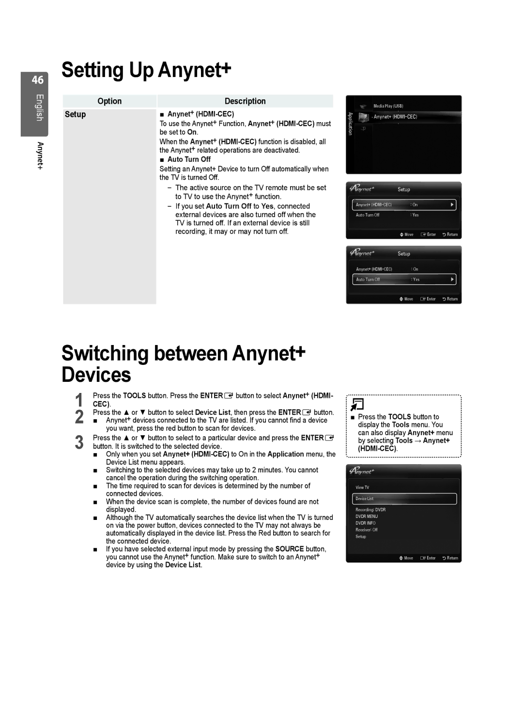 Samsung UE32B6000VWXXC, UE32B6000VWXZG Setting Up Anynet+, Switching between Anynet+ Devices, Option Description, Setup 