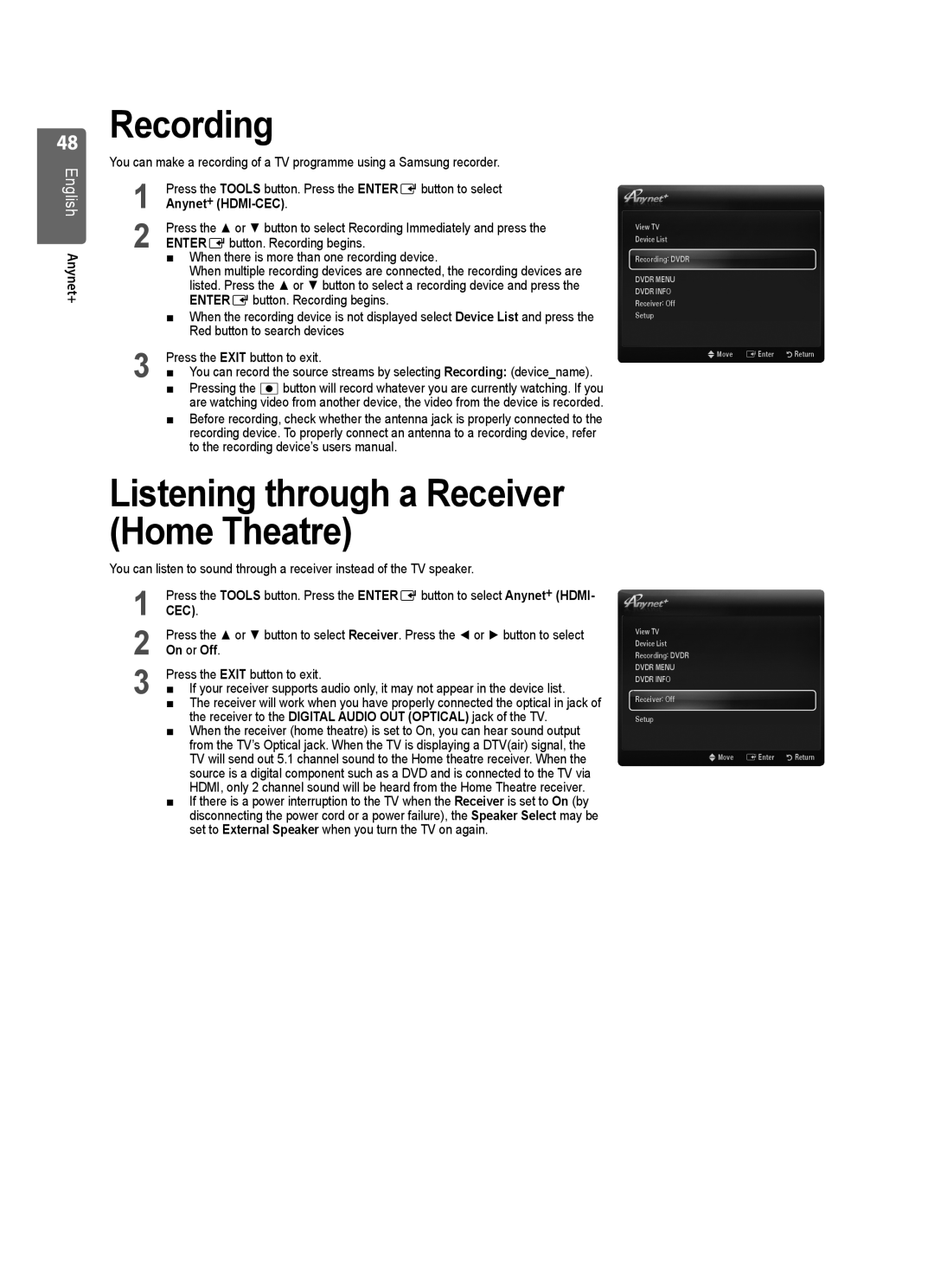 Samsung UE32B6000VWXZG, UE32B6000VWXXC, UE32B6000VWXXH manual Recording, Listening through a Receiver Home Theatre, On or Off 