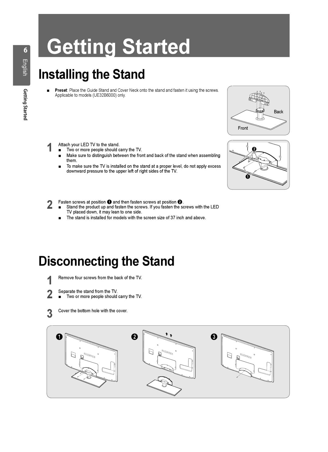 Samsung UE32B6000VWXZG, UE32B6000VWXXC, UE32B6000VWXXH manual Installing the Stand, Disconnecting the Stand, Back 