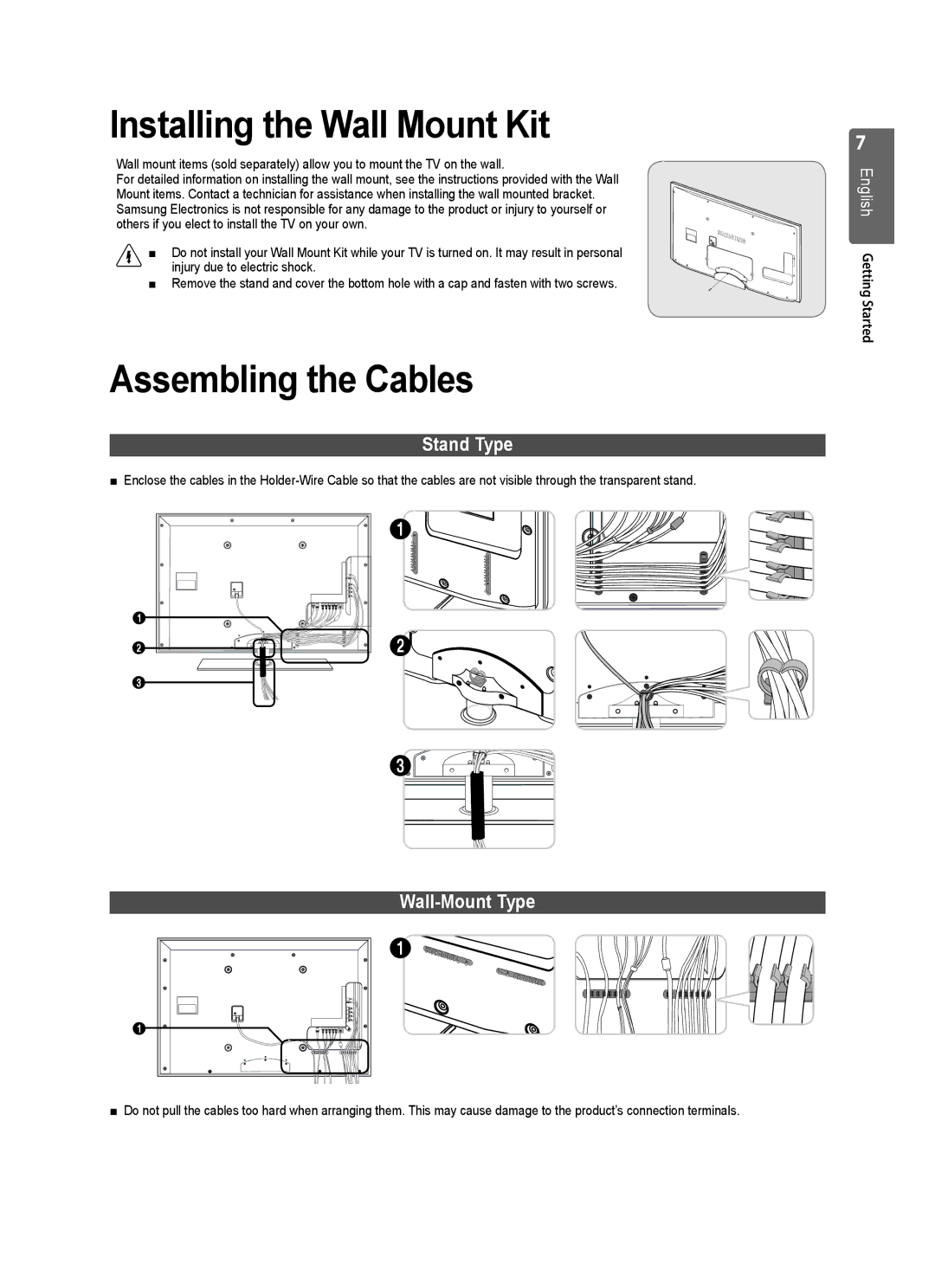 Samsung UE32B6000VWXXC, UE32B6000VWXZG Installing the Wall Mount Kit, Assembling the Cables, Stand Type, Wall-Mount Type 