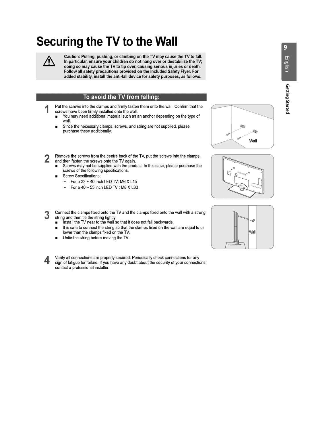 Samsung UE32B6000VWXZG, UE32B6000VWXXC, UE32B6000VWXXH manual Securing the TV to the Wall, To avoid the TV from falling 