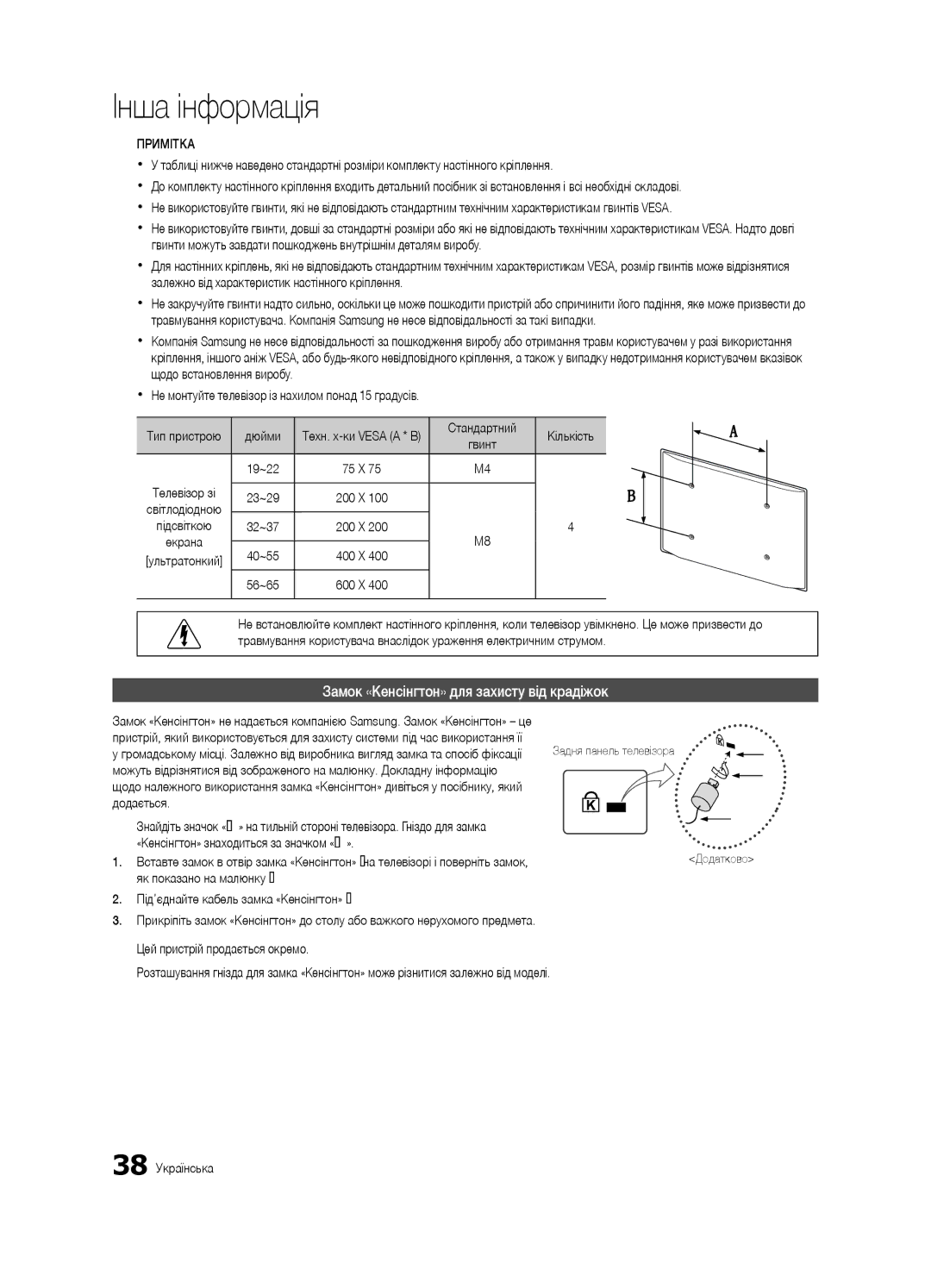 Samsung UE32C4000PWXBT manual Замок «Кенсінгтон» для захисту від крадіжок, Дюйми, Стандартний Кількість, Додається 