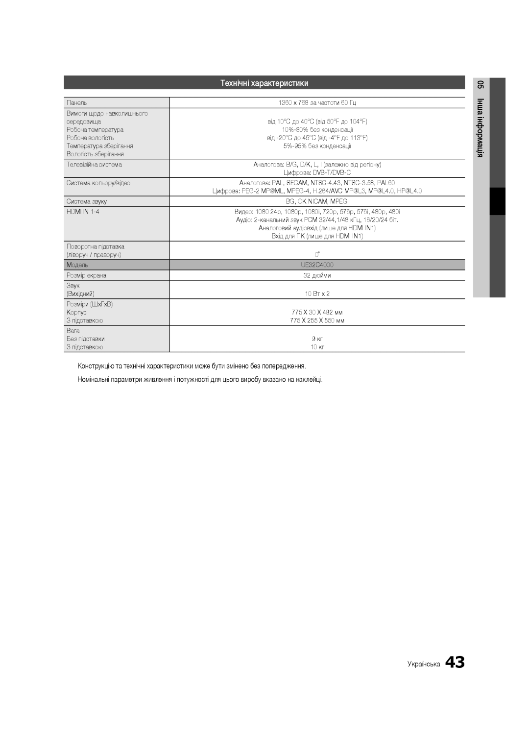 Samsung UE32C4000PWXUA, UE32C4000PWXBT, UE32C4000PWXRU manual Технічні характеристики 