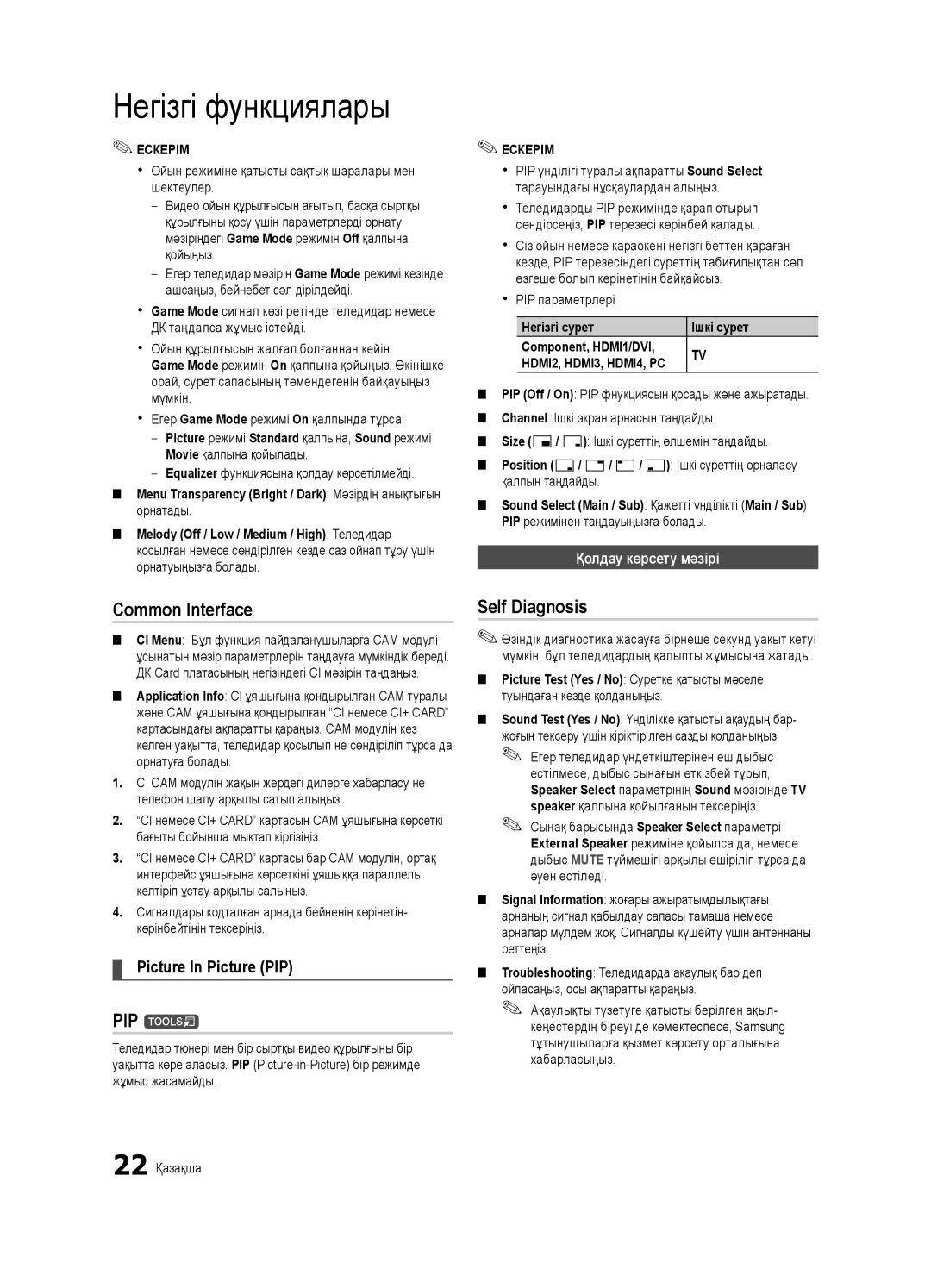 Samsung UE32C4000PWXRU, UE32C4000PWXBT, UE32C4000PWXUA manual Common Interface, PIP t, Self Diagnosis, Қолдау көрсету мәзірі 