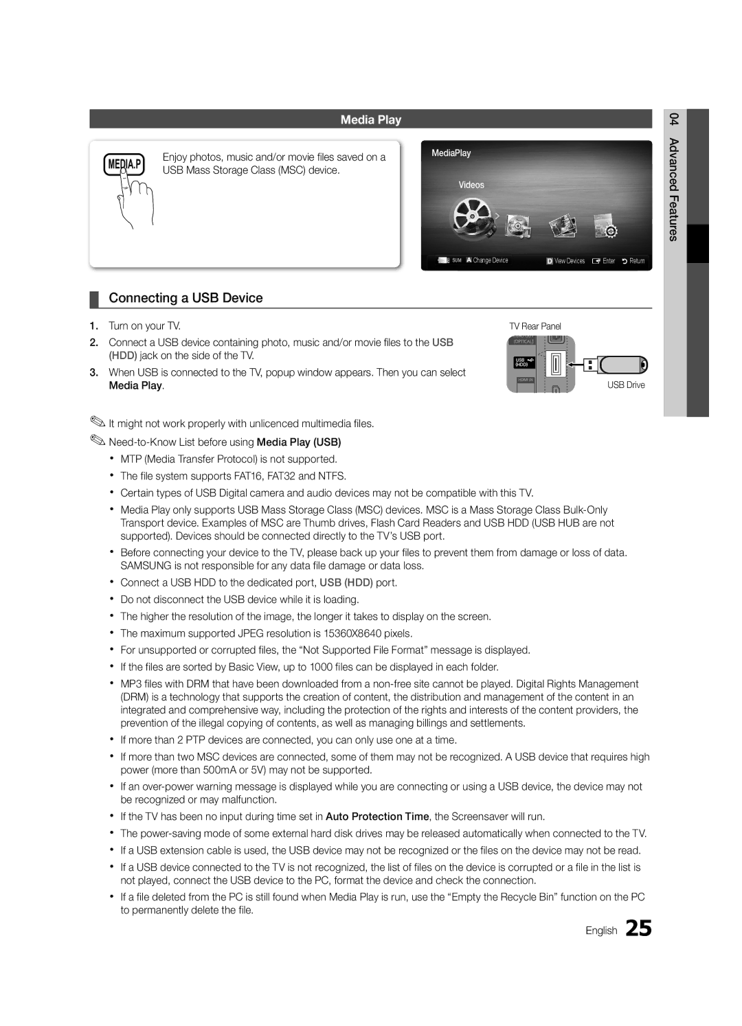 Samsung UE32C4000PWXRU manual Connecting a USB Device, Media Play, USB Mass Storage Class MSC device, Advanced Features 