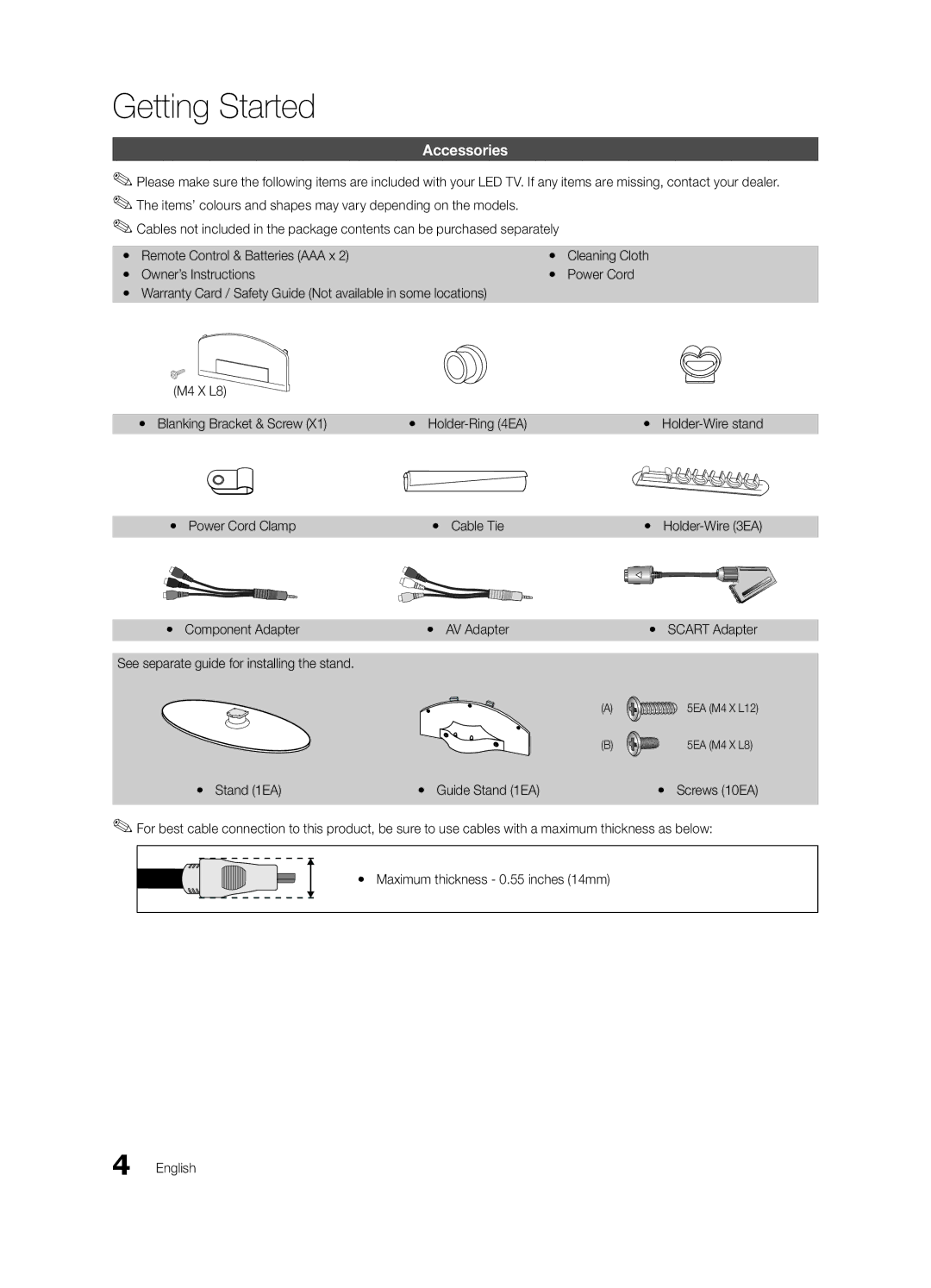 Samsung UE32C4000PWXRU, UE32C4000PWXBT, UE32C4000PWXUA manual Getting Started, Accessories 