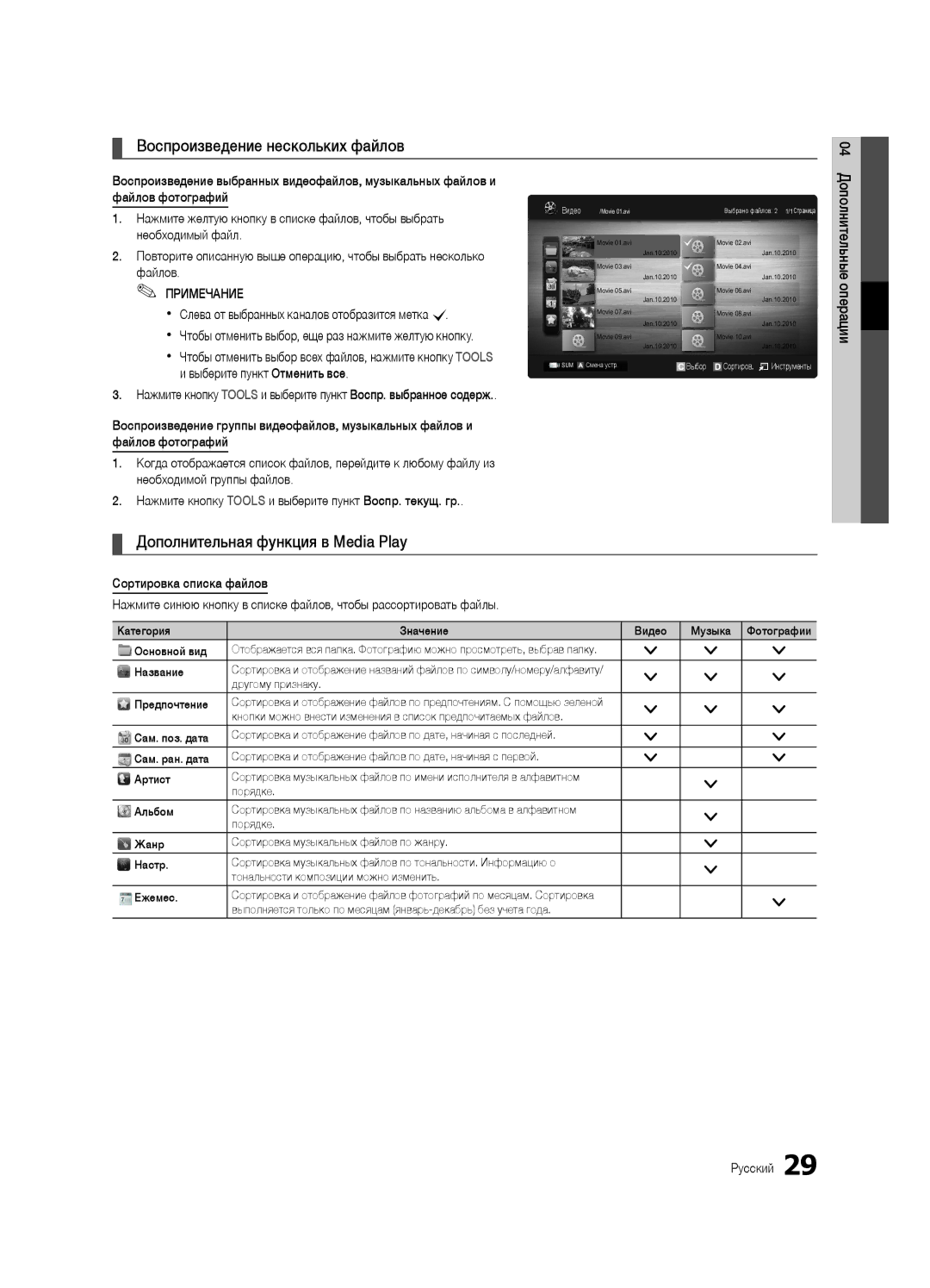 Samsung UE32C4000PWXRU Воспроизведение нескольких файлов, Дополнительная функция в Media Play, Выберите пункт Отменить все 