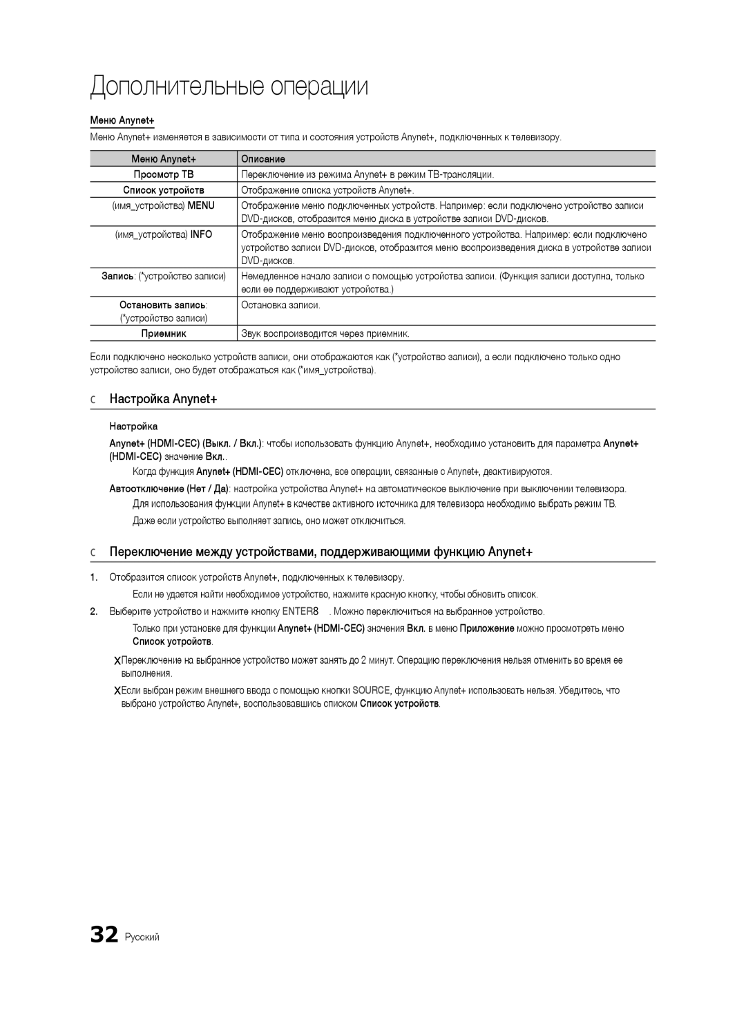 Samsung UE32C4000PWXRU, UE32C4000PWXBT, UE32C4000PWXUA manual Настройка Anynet+ 