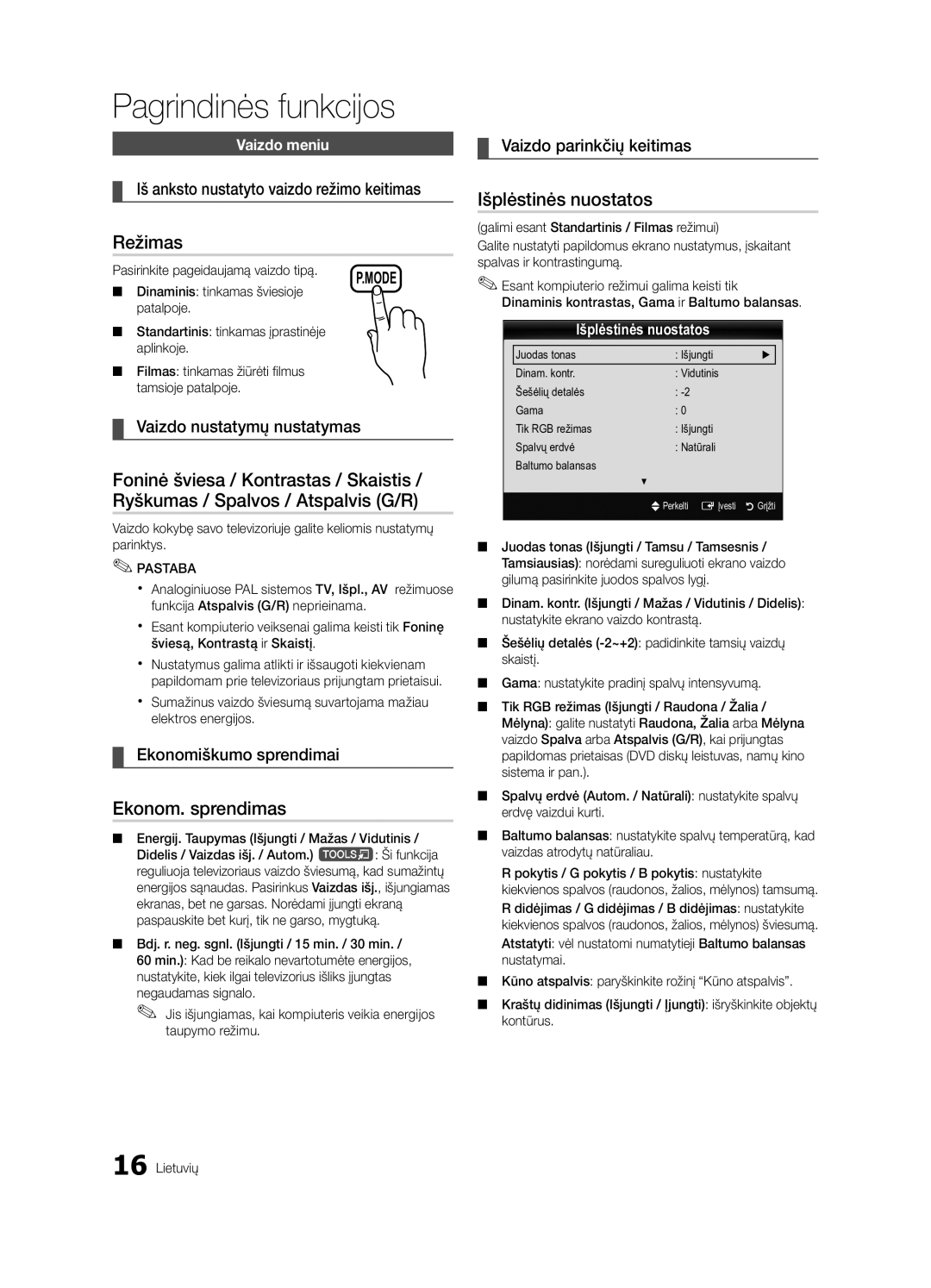 Samsung UE32C4000PWXBT manual Režimas, Ekonom. sprendimas, Išplėstinės nuostatos 