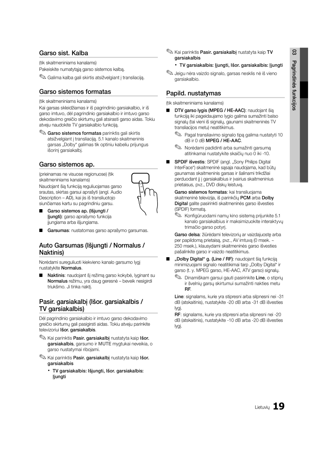 Samsung UE32C4000PWXBT manual Garso sist. Kalba, Garso sistemos formatas, Garso sistemos ap, Papild. nustatymas 