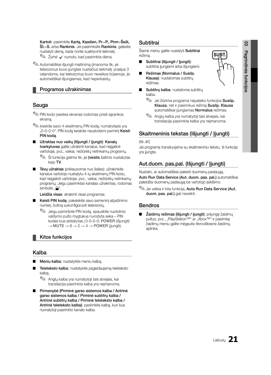 Samsung UE32C4000PWXBT manual Sauga, Kalba, Subtitrai, Skaitmeninis tekstas Išjungti / Įjungti, Bendros 