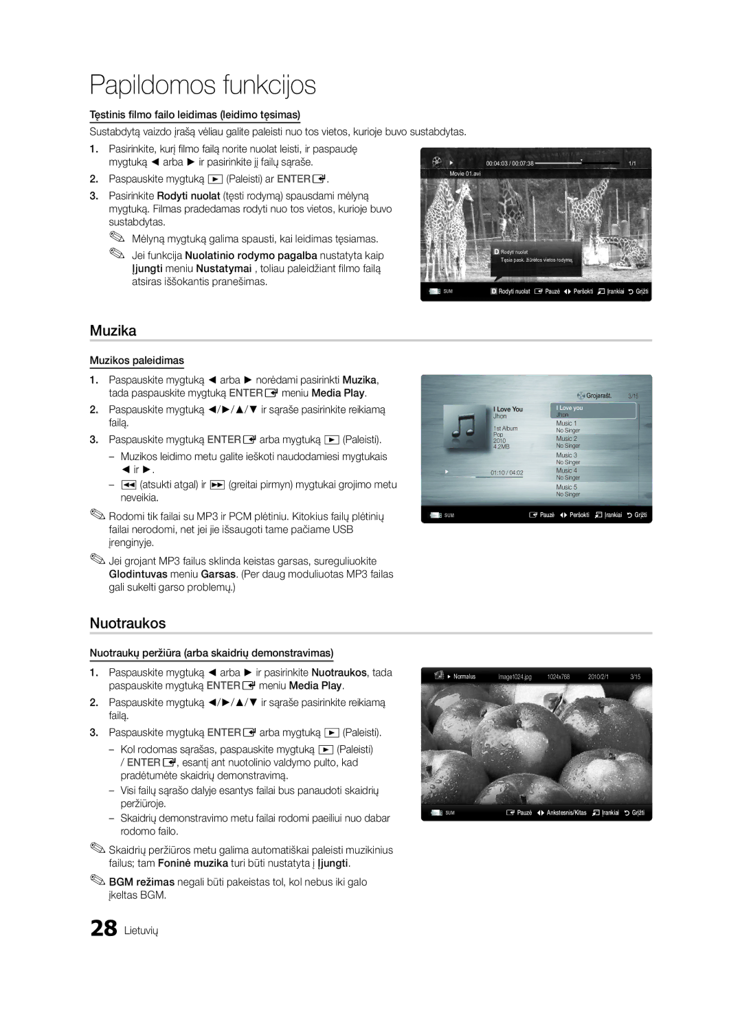 Samsung UE32C4000PWXBT manual Muzika, Nuotraukos, Paspauskite mygtuką Paleisti ar Entere, Muzikos paleidimas 