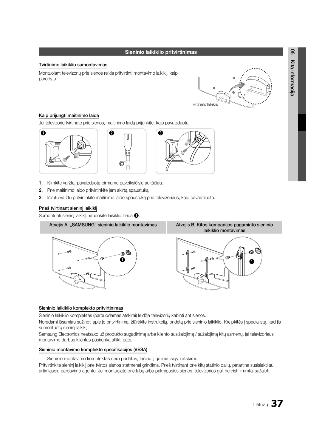 Samsung UE32C4000PWXBT manual Sieninio laikiklio pritvirtinimas 