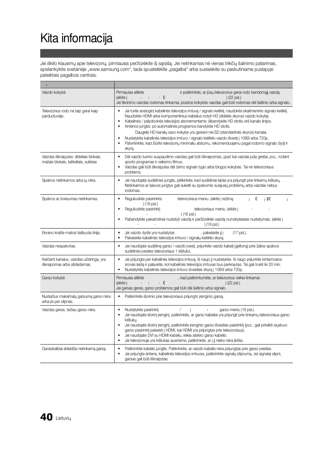 Samsung UE32C4000PWXBT manual Diagnostika, Problemos Sprendimai ir paaiškinimai 