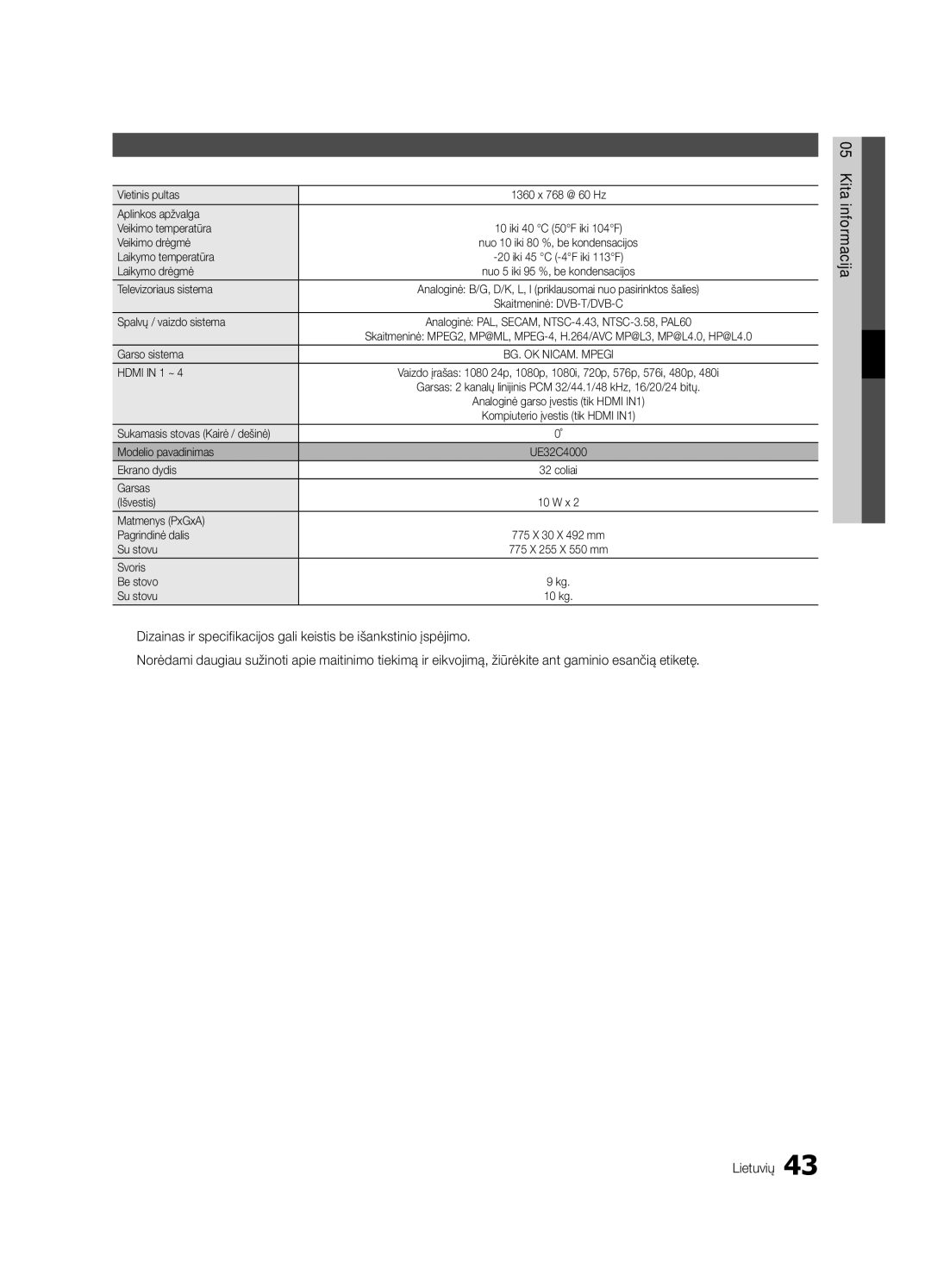 Samsung UE32C4000PWXBT manual Specifikacijos 