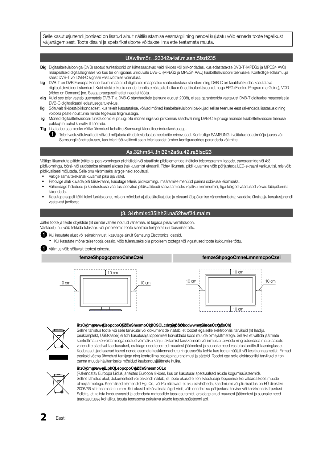 Samsung UE32C4000PWXBT manual Paigalduskoha muutmine turvaliseks, Paigaldus tugiseadmega Paigaldus seinakinnitusega, Eesti 