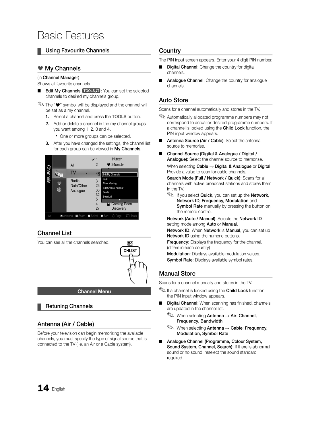 Samsung UE32C4000PWXBT manual My Channels, Country, Auto Store, Channel List, Antenna Air / Cable, Manual Store 