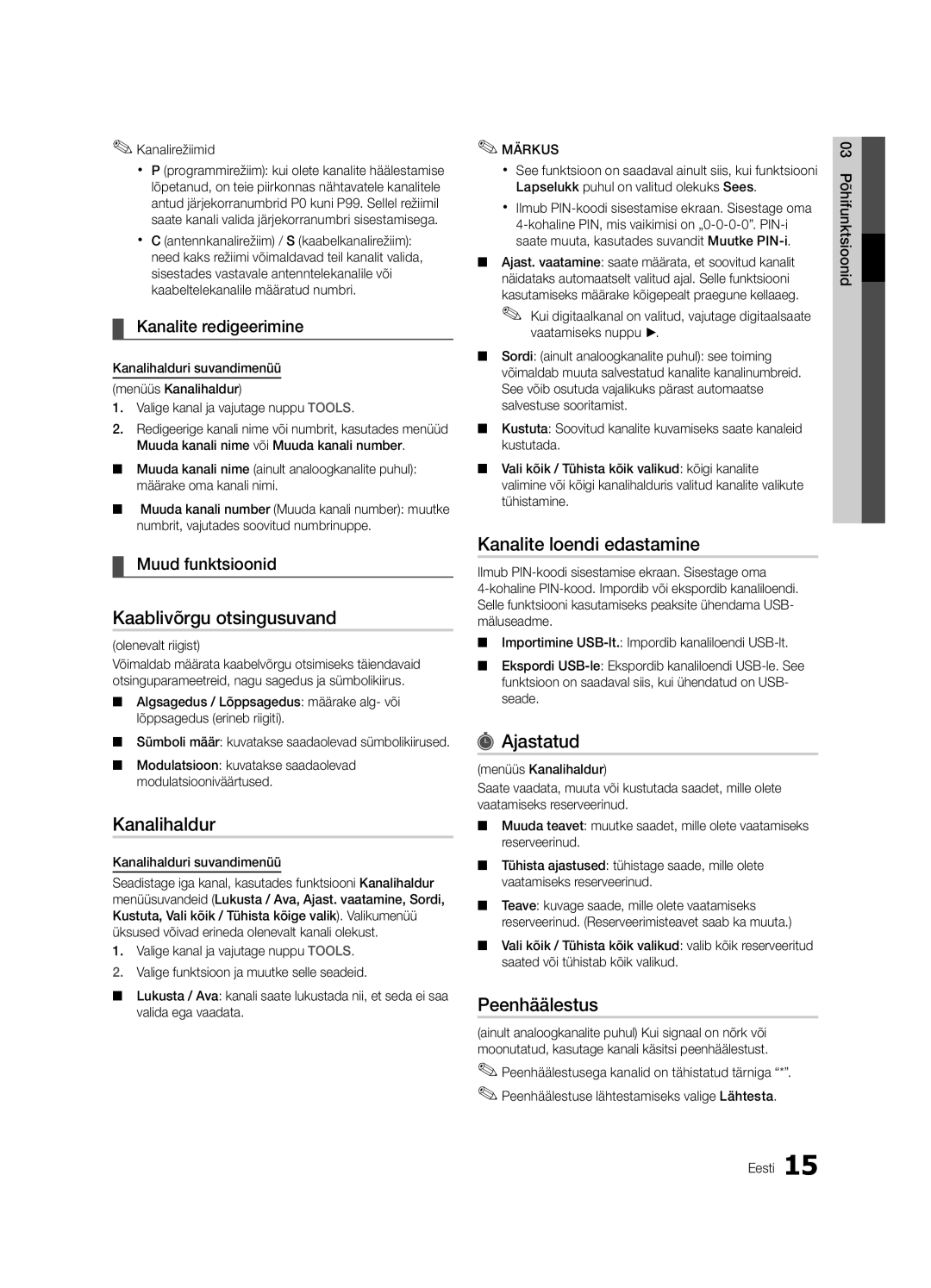 Samsung UE32C4000PWXBT manual Kaablivõrgu otsingusuvand, Kanalite loendi edastamine, Ajastatud, Peenhäälestus 