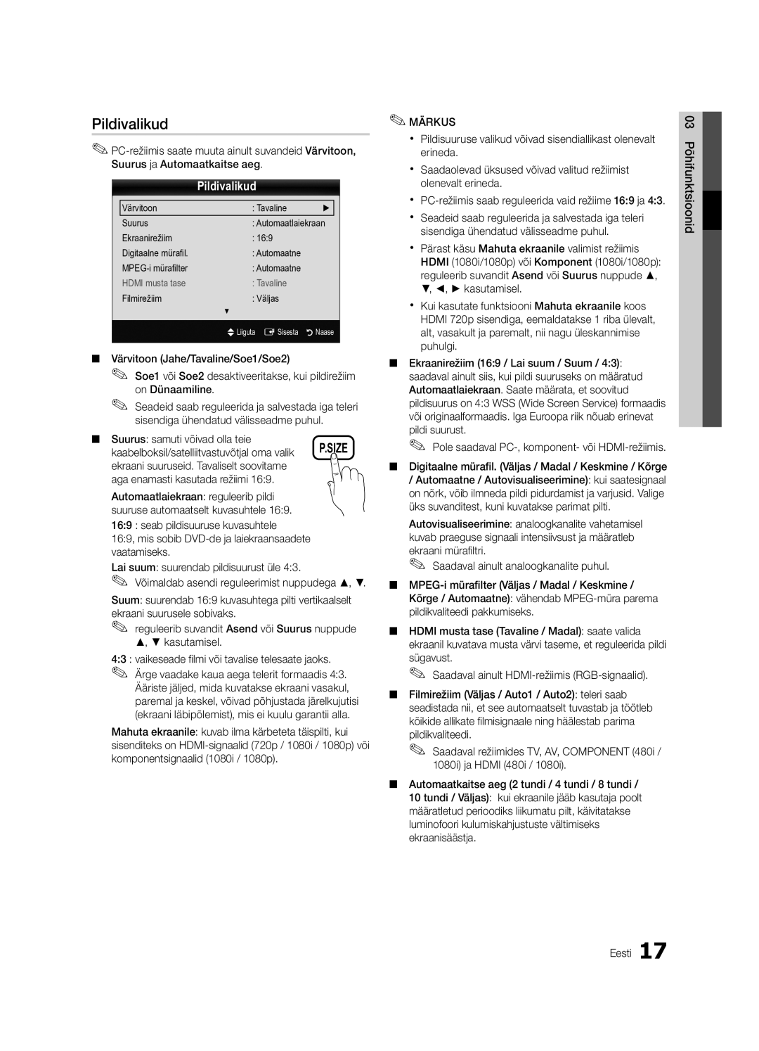 Samsung UE32C4000PWXBT manual Pildivalikud, Suurus samuti võivad olla teie, Kaabelboksil/satelliitvastuvõtjal oma valik 