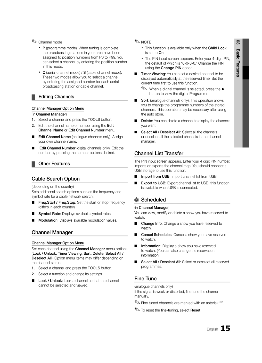 Samsung UE32C4000PWXBT manual Cable Search Option, Channel List Transfer, Scheduled, Fine Tune 