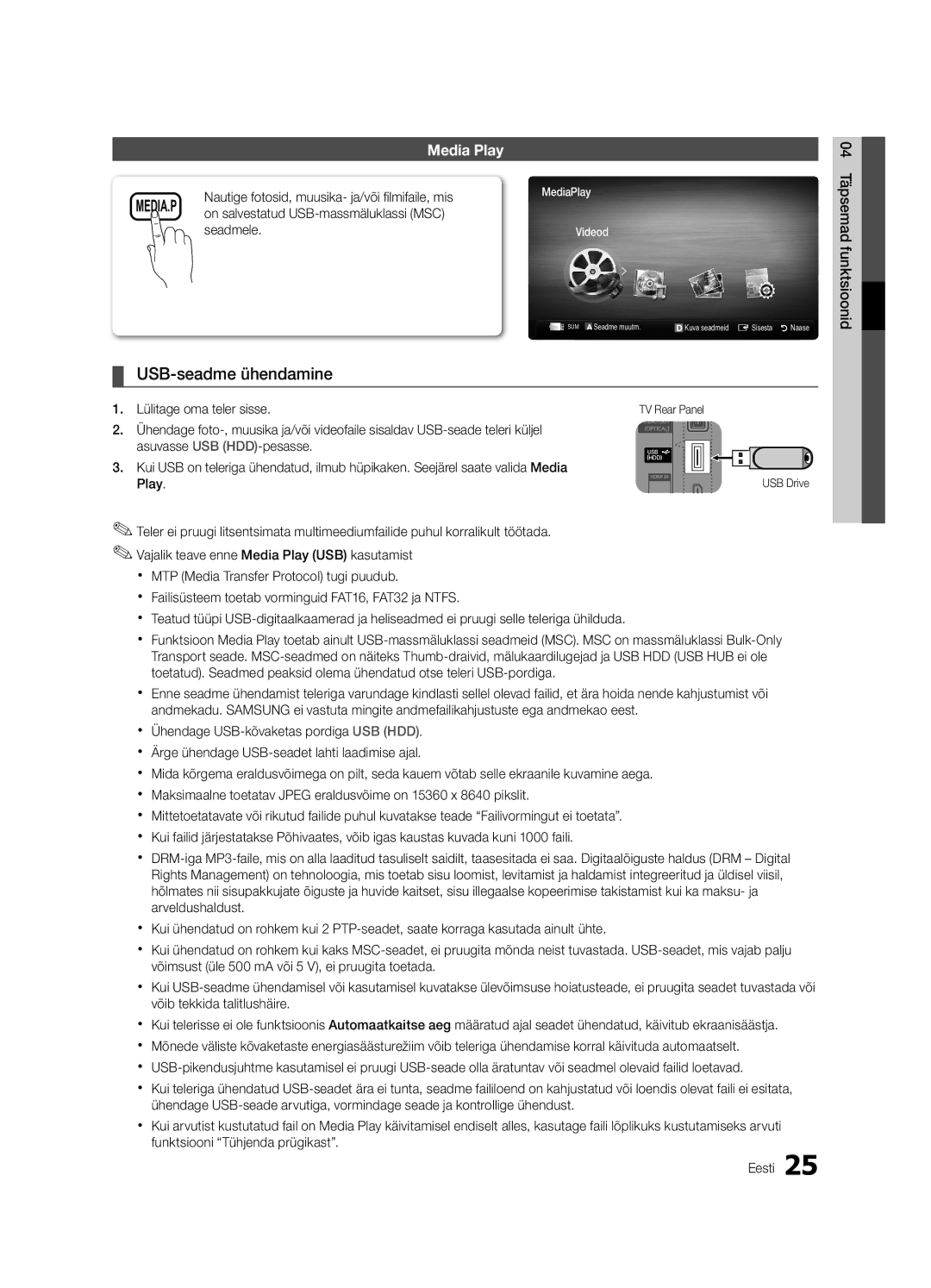 Samsung UE32C4000PWXBT manual USB-seadme ühendamine, Seadmele, 04 Täpsemad funktsioonid, Lülitage oma teler sisse 